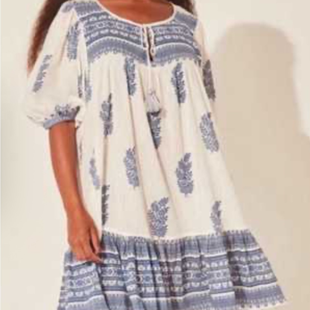 Daughters of India Mishka woman’s cotton block print dress, blue large, NWOT